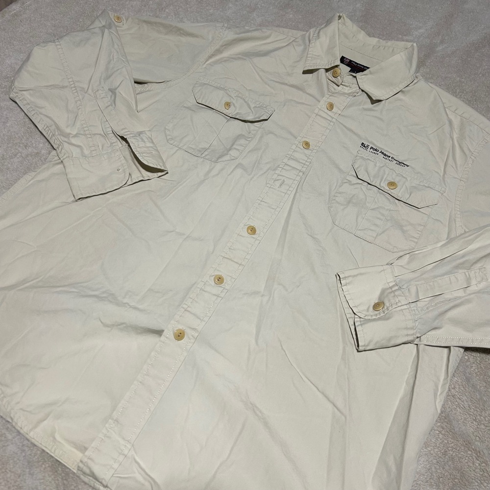 Polo Jeans Company Button Down Shirt Mens L Beige Long Sleeve Utility 1200